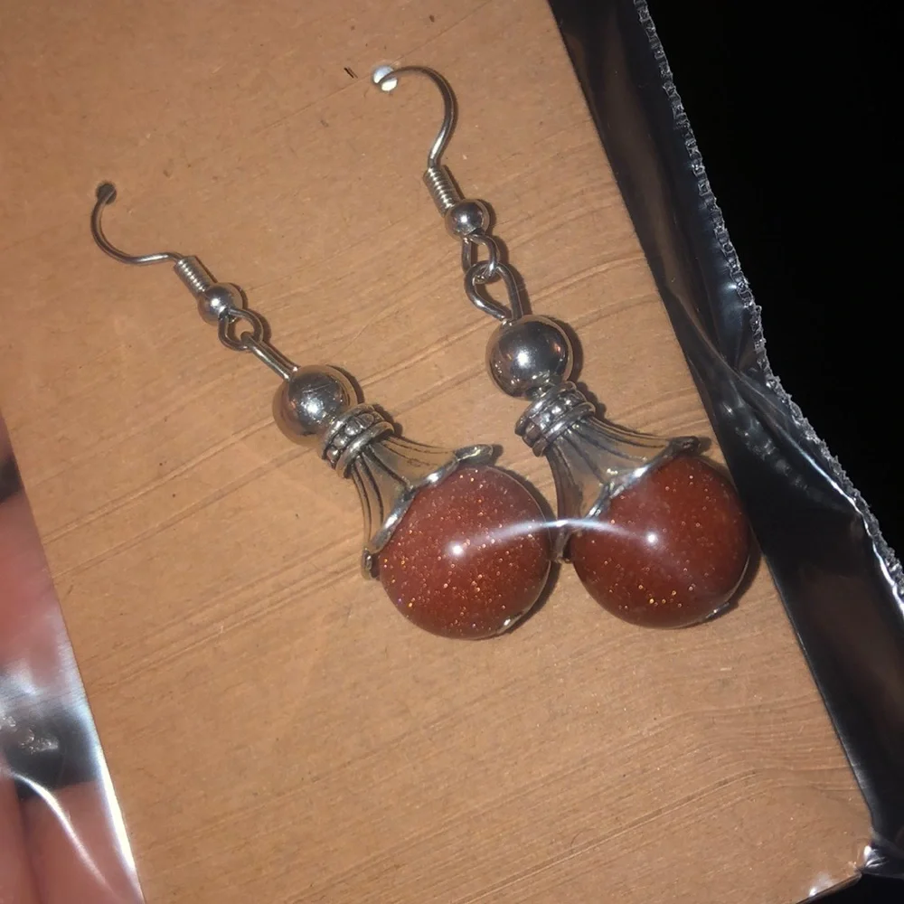 Goldstone Pendant Fishhook Earrings - Picture 7 of 7